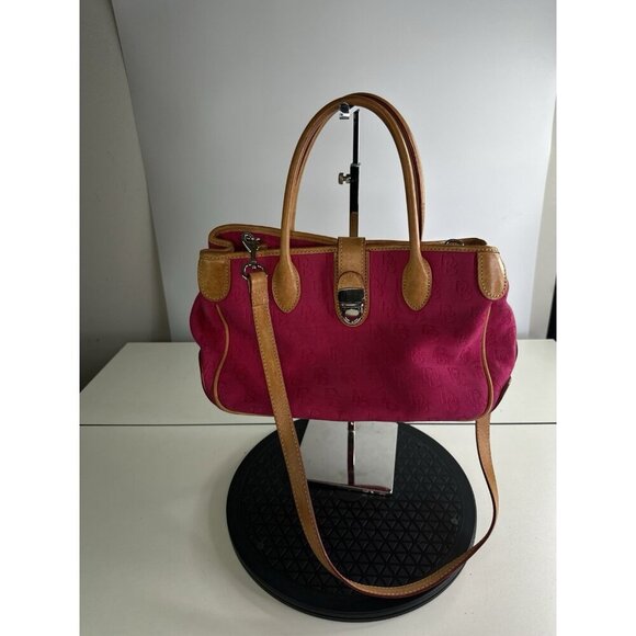Dooney & Bourke Handbags - Dooney & Bourke Pink Signature Monogram Tan Leather Buckle Closure Handbag